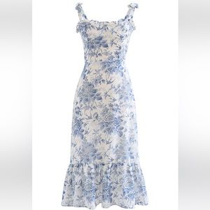 Chicwish Swallow and Rose printed tie strap midi dress